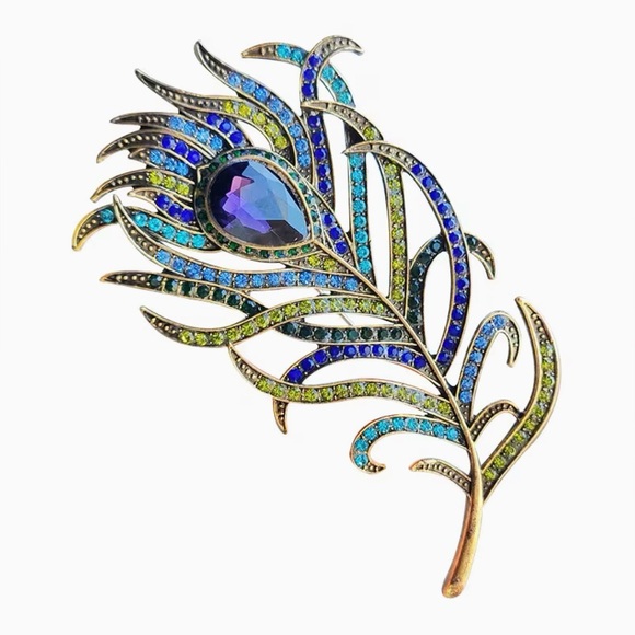 Jewelry - Peacock Feather Rhinestone Encrusted Brooch Modern New Gold Tone